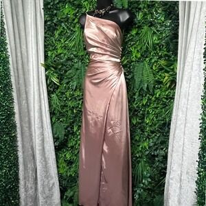 Galina Signature Dress  Size 6 Gold Satin One Shoulder Ruched Formal Gown 4016